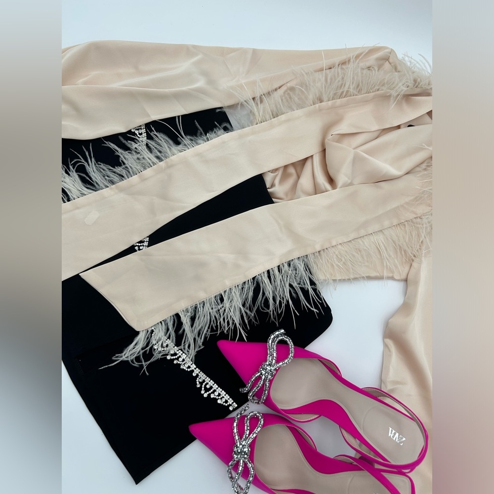 Beige Satin Blouse with Feathers